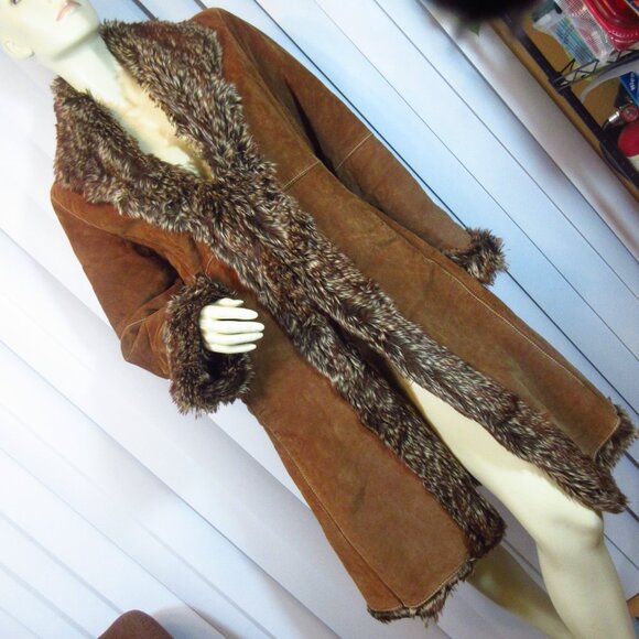 Vintage Marvin Richards Genuine Leather Jacket Long Trench Coat Medium Fur Trim - Picture 2 of 16
